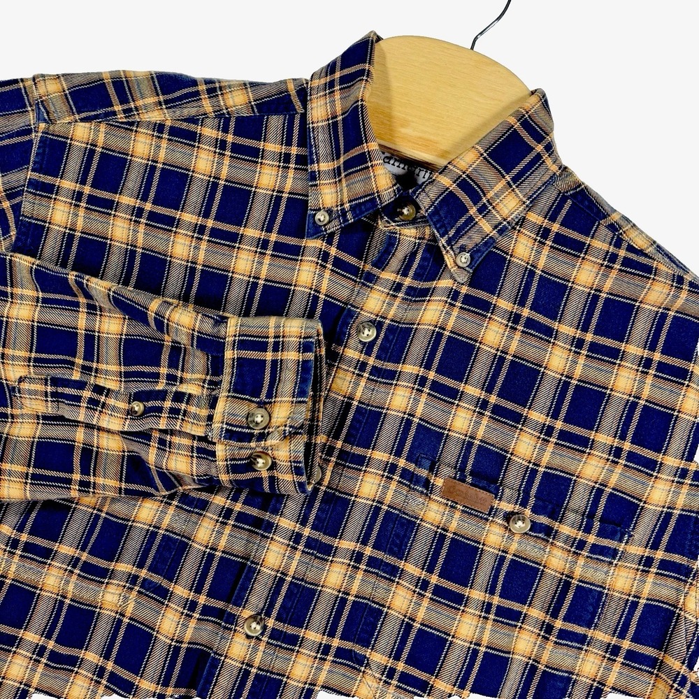 Carhartt Button Down Flannel Shirt Men M Navy Yellow Plaid Long Sleeve Workwear